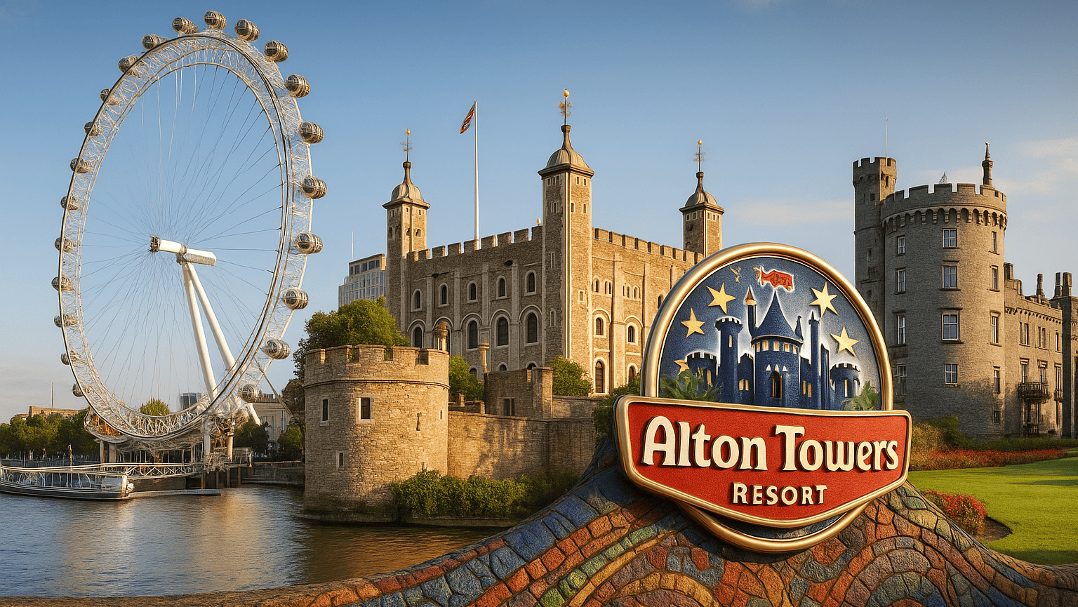 A composite image showing a collection of popular UK attractions. The London Eye is on the left, the Tower of London is in the middle, and the Alton Towers Resort logo is in the foreground on the right.