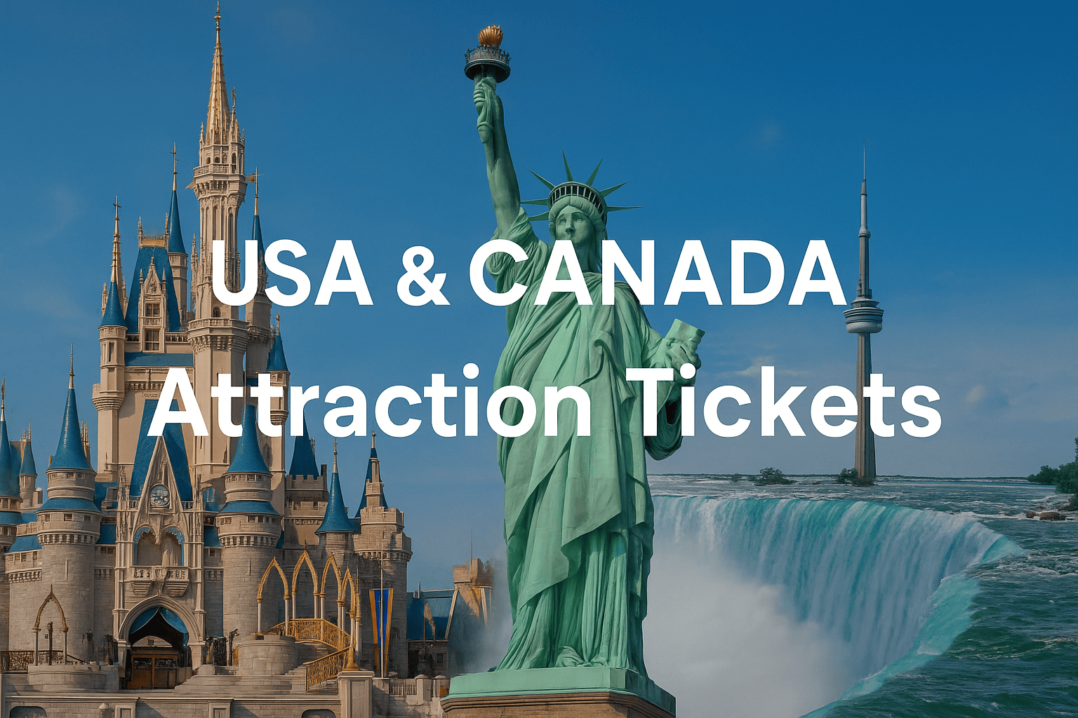 Disney castle, Statue of Liberty, Niagara Falls, and CN Tower shown together in a bright promotional image with overlaid text reading “USA & Canada Attraction Tickets.”