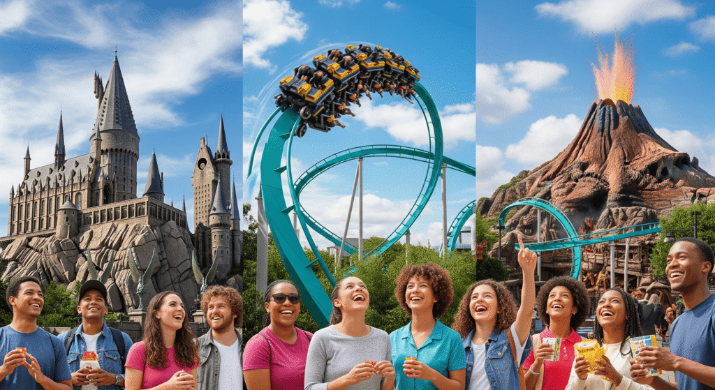 Universal Orlando Resort with Hogwarts Castle, VelociCoaster, and Volcano Bay volcano.