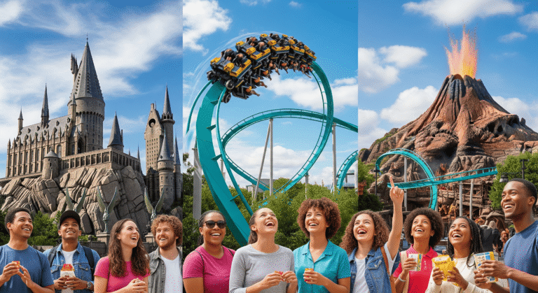 Universal Orlando Resort with Hogwarts Castle, VelociCoaster, and Volcano Bay volcano.