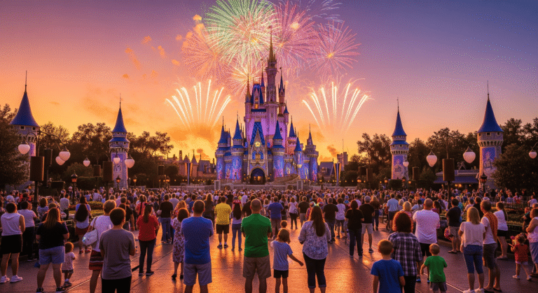 Walt Disney World Resort Orlando Cinderella Castle at sunset with fireworks.