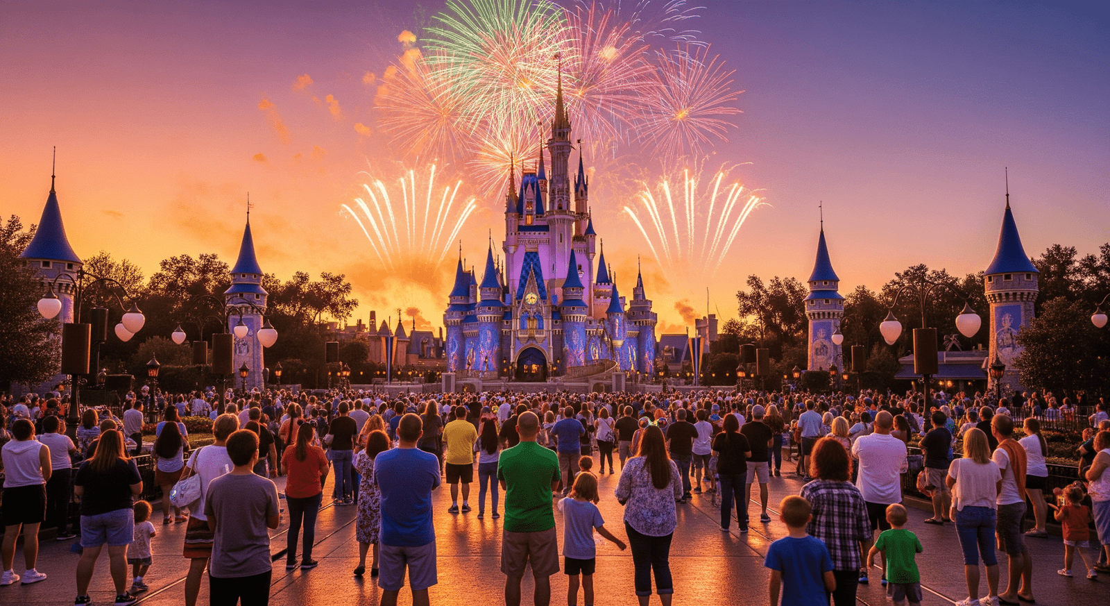 Walt Disney World Resort Orlando Cinderella Castle at sunset with fireworks.