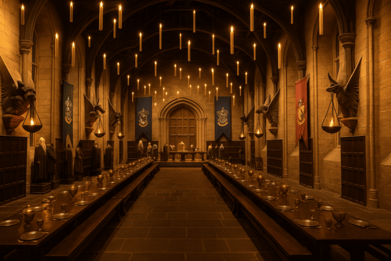 Great Hall at Warner Bros. Studio Tour London with candles and banners.