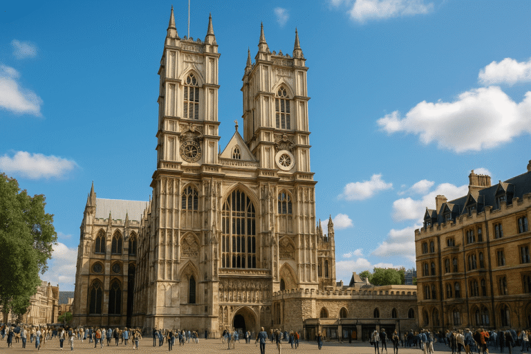 Westminster Abbey attraction tickets: The exterior of Westminster Abbey on a sunny day. The large, gothic church is in the center of the image with a wide-angle view of the courtyard in front of it filled with people. The sky is bright blue with white clouds.