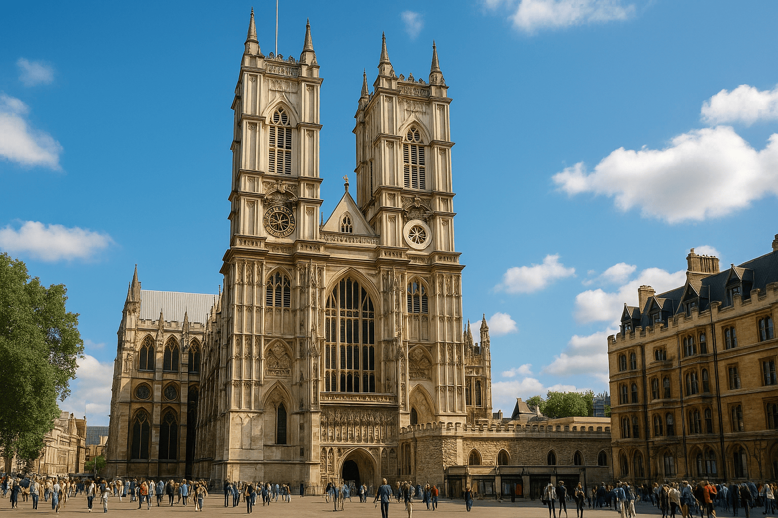 Westminster Abbey attraction tickets: The exterior of Westminster Abbey on a sunny day. The large, gothic church is in the center of the image with a wide-angle view of the courtyard in front of it filled with people. The sky is bright blue with white clouds.