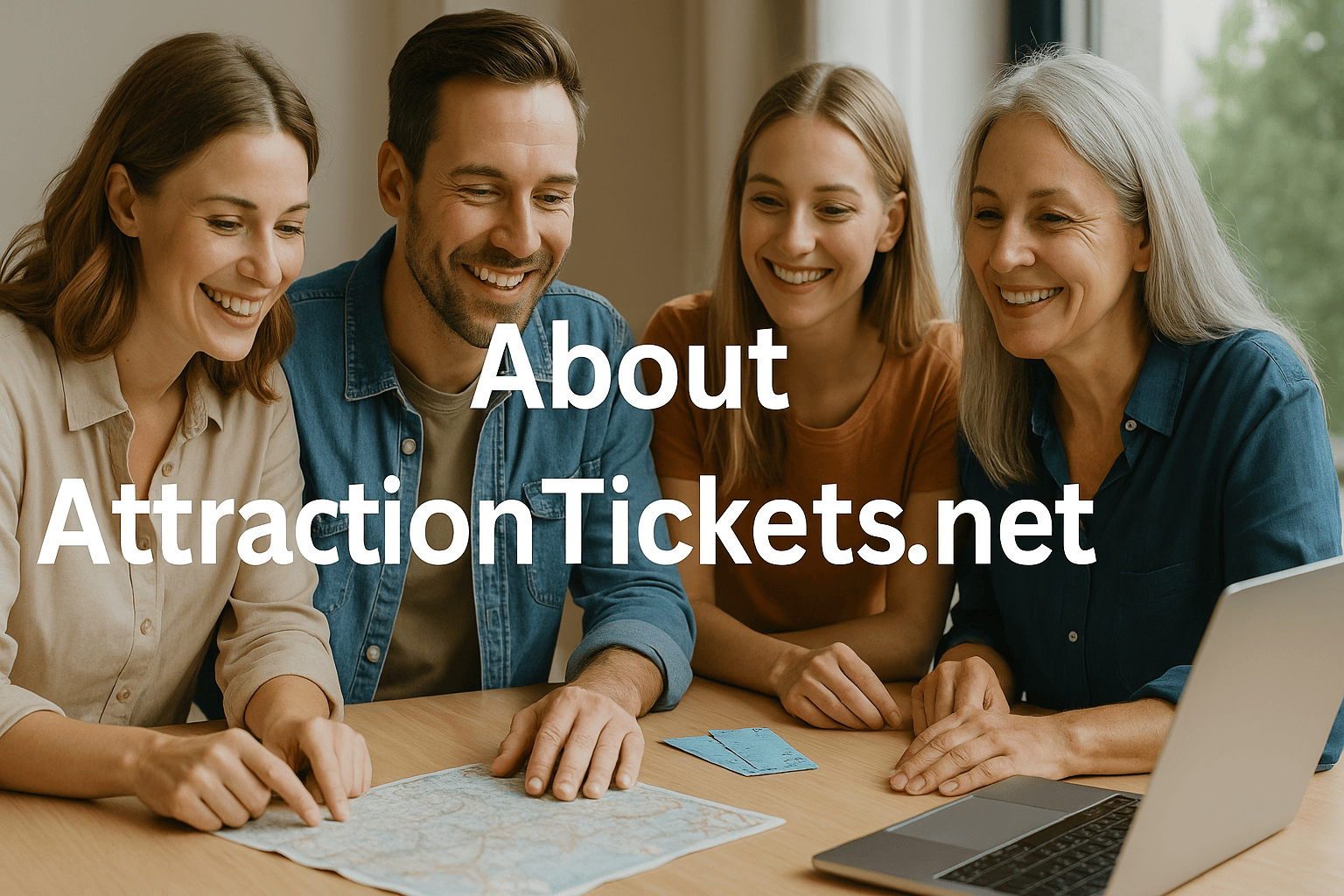 Three smiling travellers planning a trip with maps, tickets, and a laptop, with overlaid text reading “About AttractionTickets.net.”
