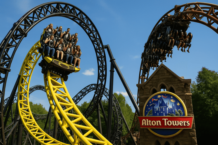 Alton Towers Attraction Tickets: Alton Towers rollercoasters with riders on a sunny day, showcasing thrills and excitement at the UK’s leading theme park.