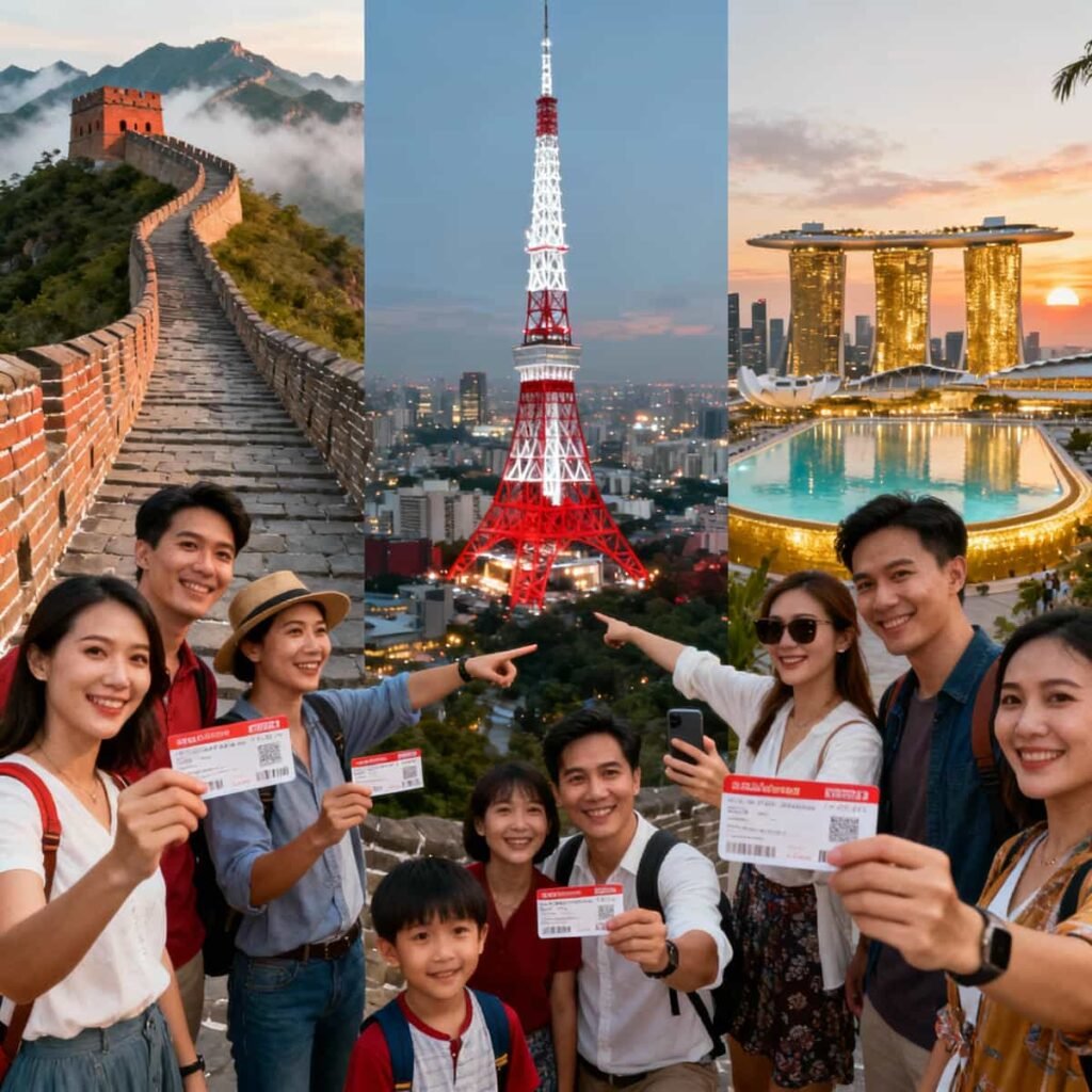 Tourists holding attraction passes at the Great Wall of China, Tokyo Tower, and Marina Bay Sands in Singapore, representing Asia-Pacific deals.
