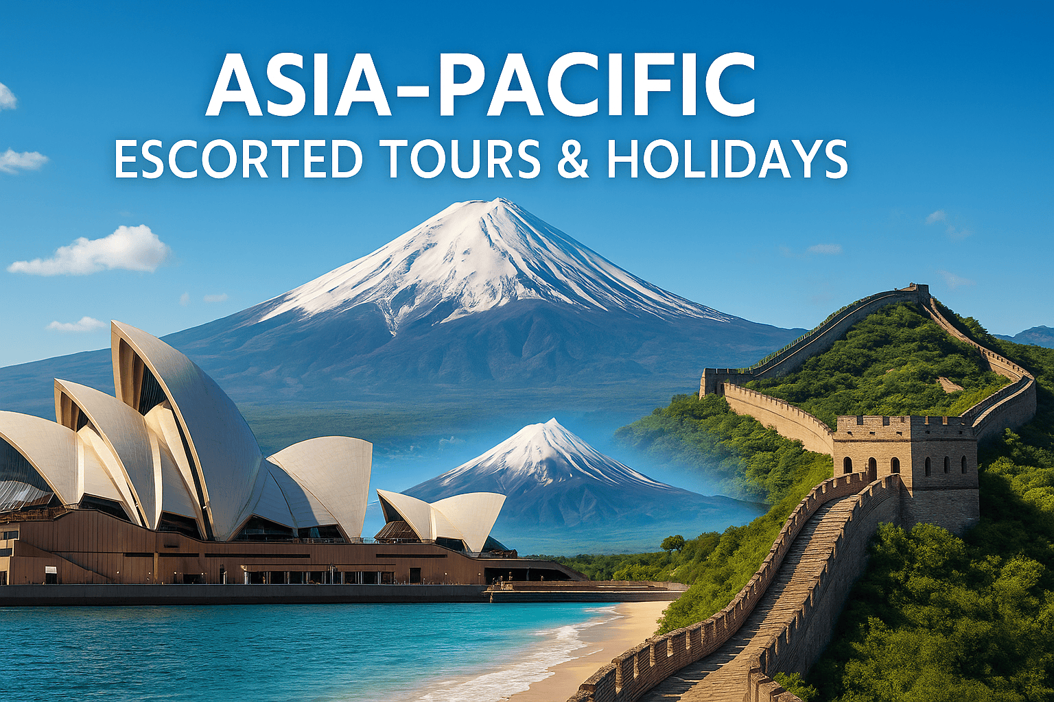 Asia-Pacific travel collage with Sydney Opera House, Mount Fuji, and the Great Wall of China.