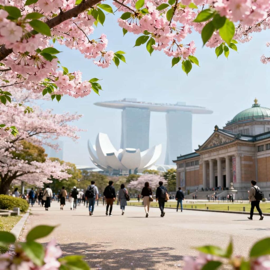 Tourists outside the Tokyo National Museum with cherry blossoms, and the ArtScience Museum at Marina Bay Sands in the background, representing Asia-Pacific culture.