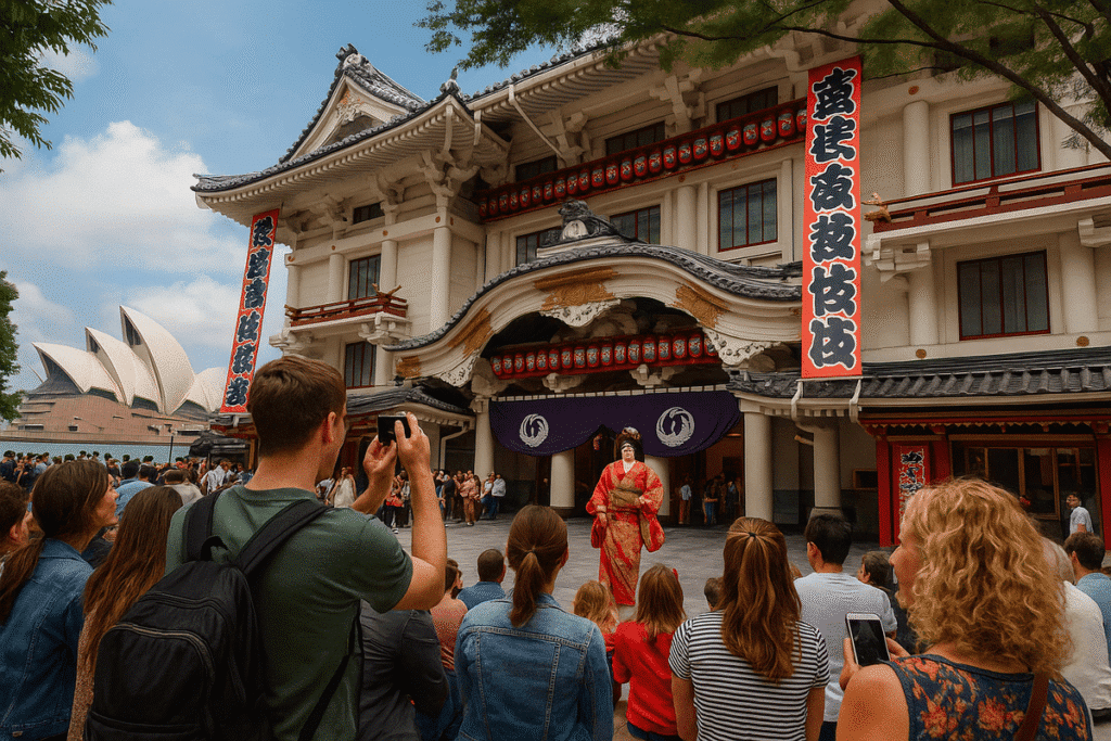 Tourists watching Kabuki theatre in Tokyo with Sydney Opera House in the background, representing Asia-Pacific entertainment.
