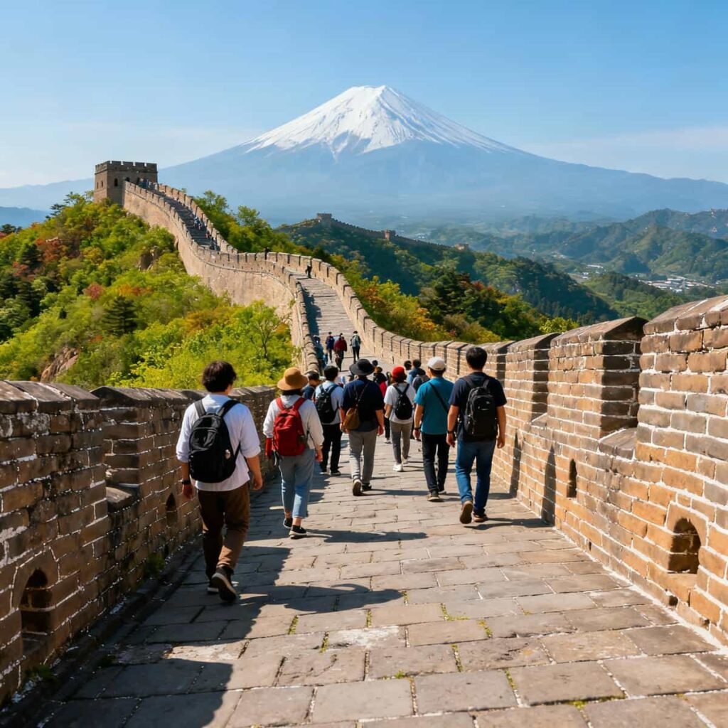 Tour group exploring the Great Wall of China with Mount Fuji faintly visible in the background.