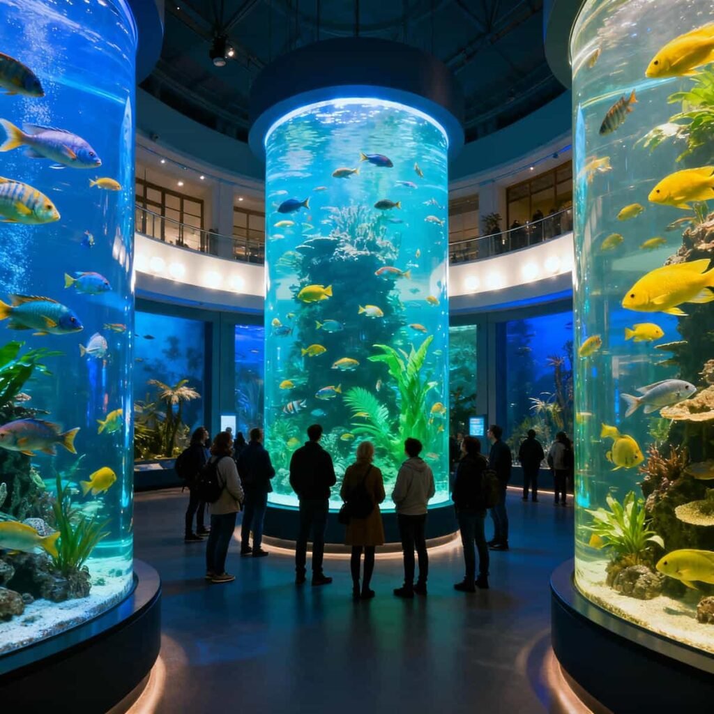 Visitors viewing tropical fish tanks at Berlin Zoo Aquarium