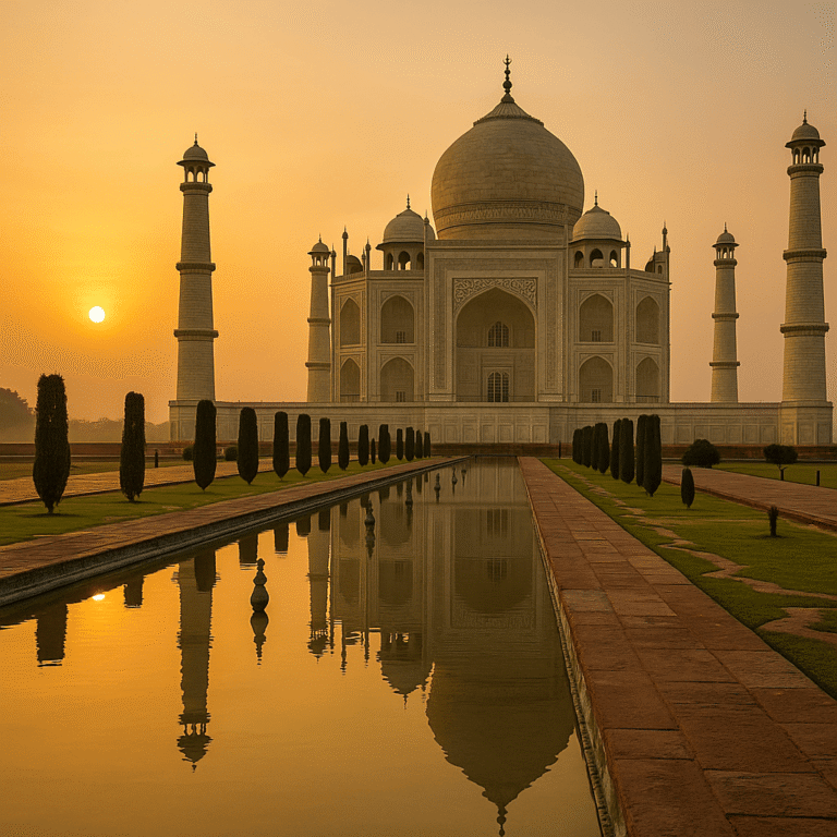 Sunrise view of the Taj Mahal reflecting in the pool at dawn while the sky is soft gold.