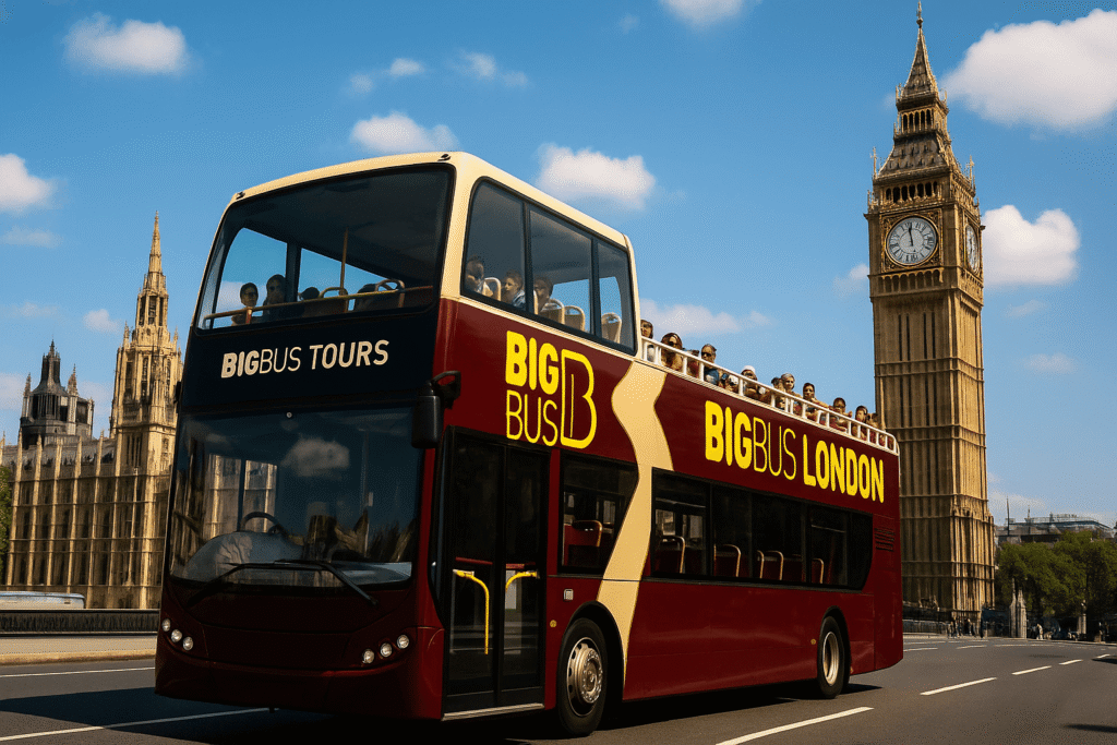 Big Bus Tours London double-decker bus driving past Big Ben and the Houses of Parliament on a clear day, popular sightseeing ticket option. - Big Bus Tours London Tickets.