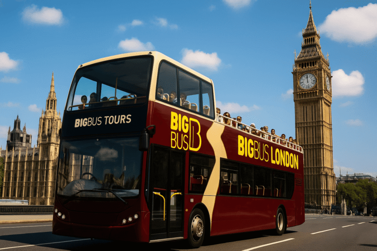 Big Bus Tours London double-decker bus driving past Big Ben and the Houses of Parliament on a clear day, popular sightseeing ticket option. - Big Bus Tours London Tickets.
