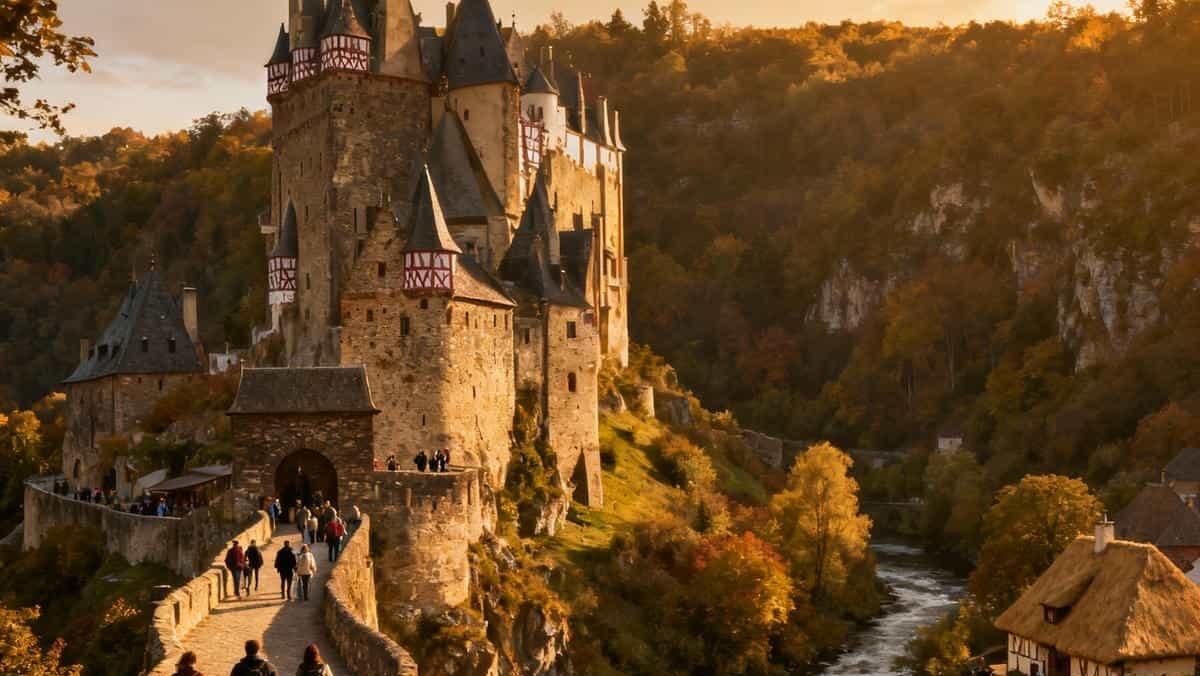 Castles & Heritage: A Medieval castle perched on a cliff with tourists exploring battlements.