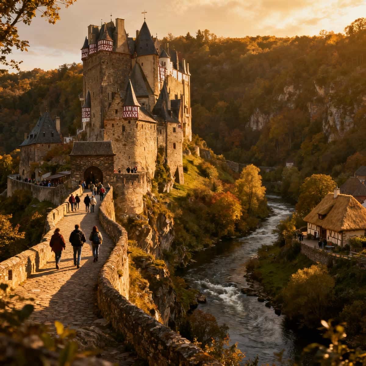 Castles & Heritage: A Medieval castle perched on a cliff with tourists exploring battlements.