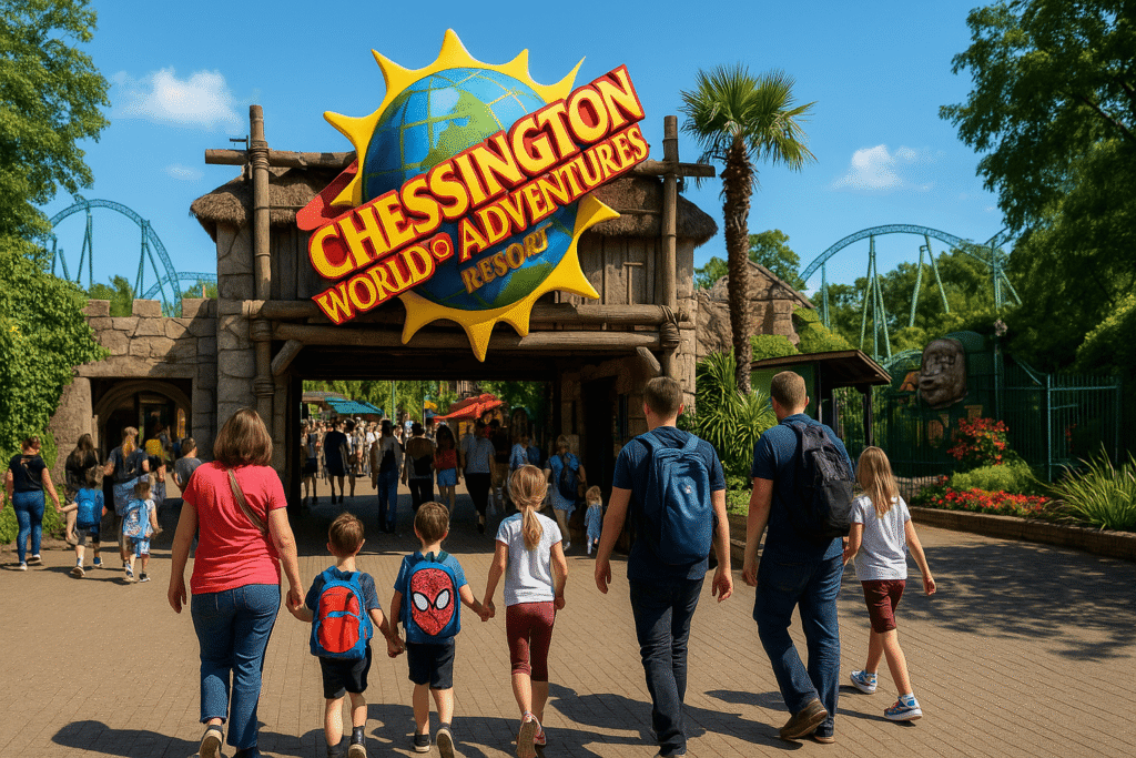 Families entering Chessington World of Adventures on a sunny day with roller coasters and zoo exhibits nearby.