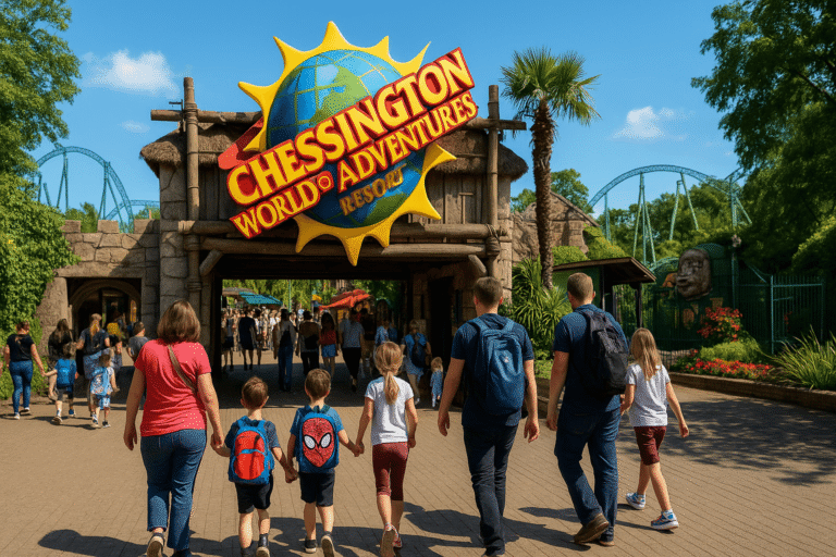 Families entering Chessington World of Adventures on a sunny day with roller coasters and zoo exhibits nearby.
