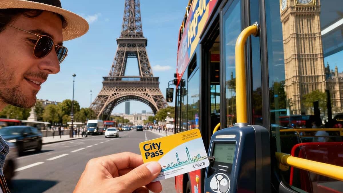 City Passes: A Traveller using a city pass card on a sightseeing bus.