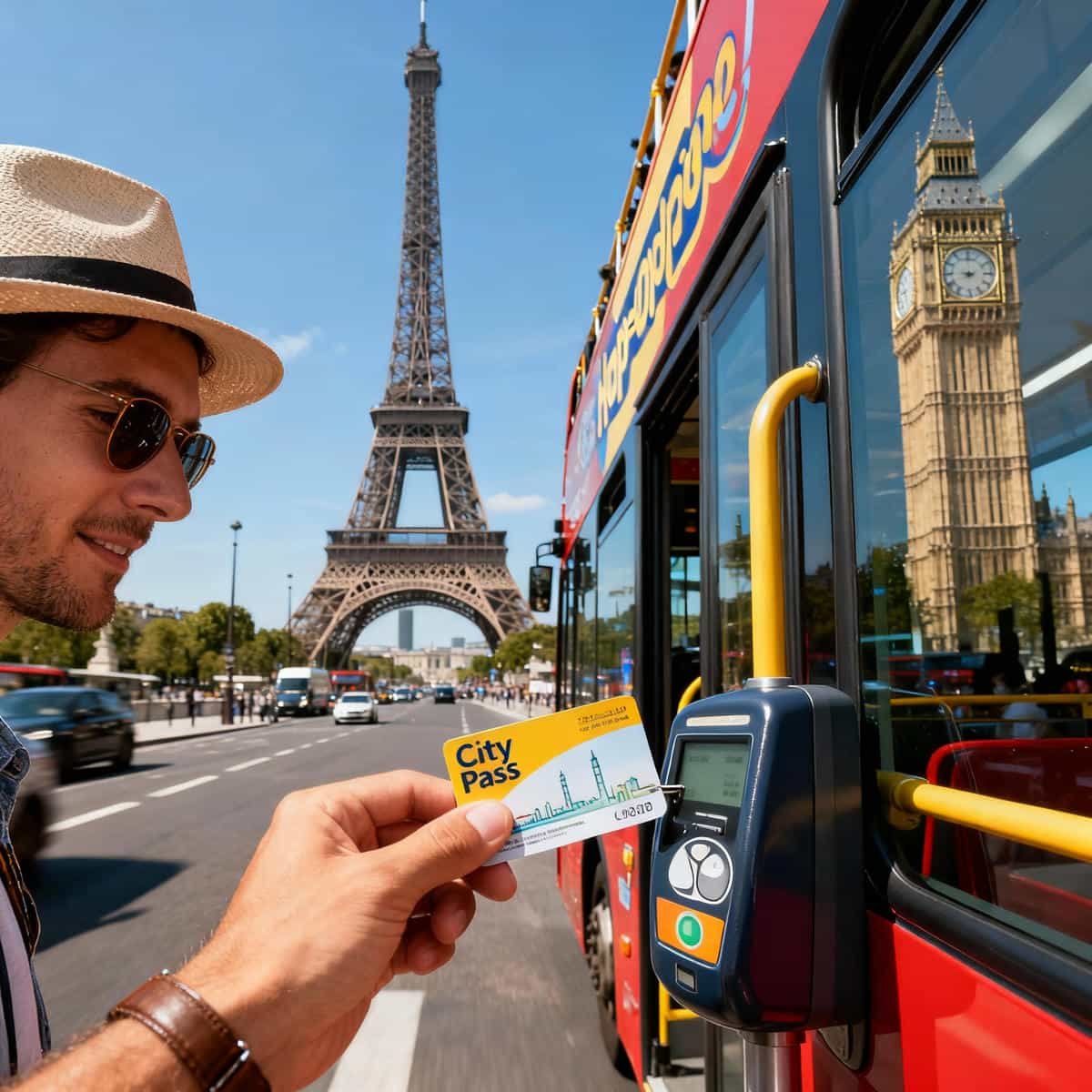 City Passes: A Traveller using a city pass card on a sightseeing bus.