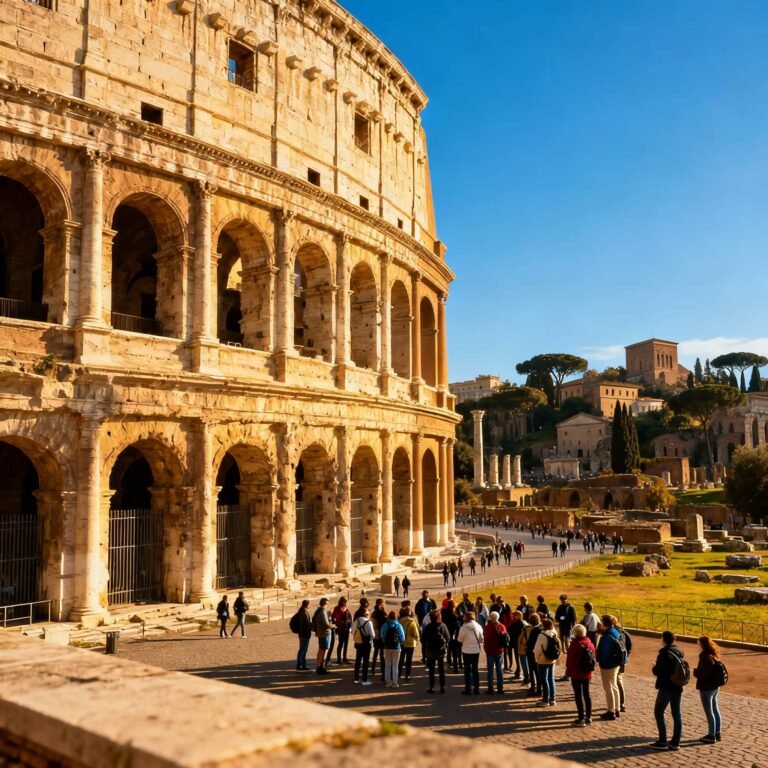Exterior of the Colosseum with tourists outside under blue sky, symbolising guided history tour.