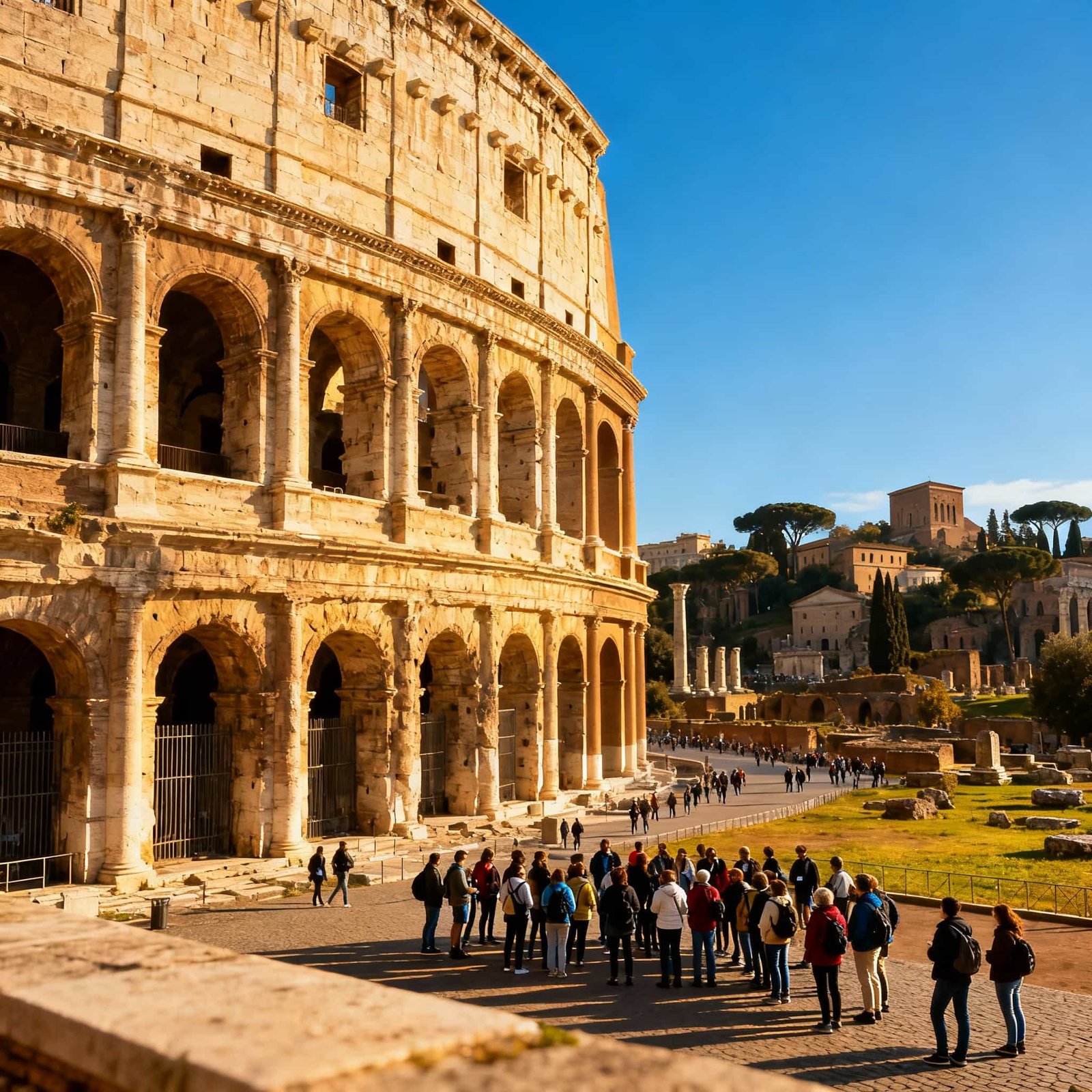 Exterior of the Colosseum with tourists outside under blue sky, symbolising guided history tour.