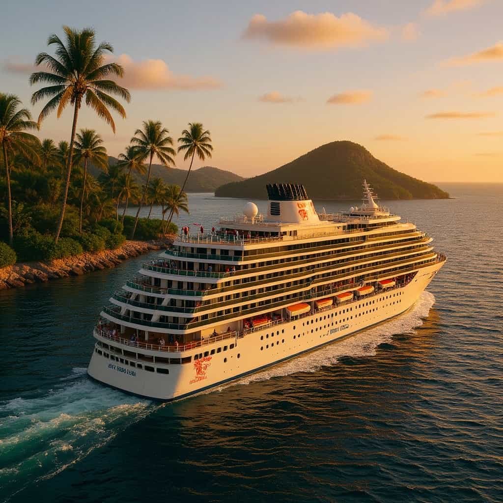 Cruises: A Cruise ship sailing near tropical islands at sunset.