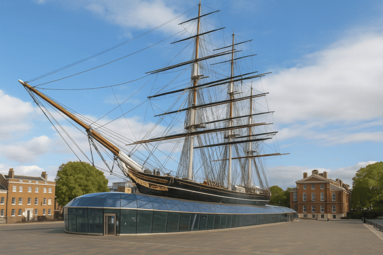 Cutty Sark sailing ship in Greenwich with copper hull and rigging, historic tea clipper attraction in London.