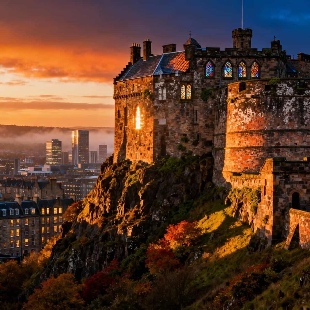 Edinburgh Castle perched on Castle Rock at sunset