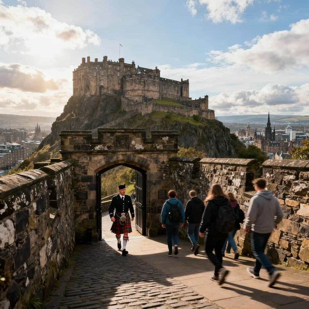 Edinburgh Castle Walking Tour Tickets: A kilted Scottish guide leads visitors into Edinburgh Castle during a walking tour, with Castle Rock and Edinburgh city skyline in view.