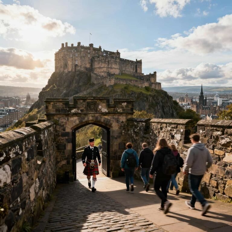 Edinburgh Castle Walking Tour Tickets: A kilted Scottish guide leads visitors into Edinburgh Castle during a walking tour, with Castle Rock and Edinburgh city skyline in view.