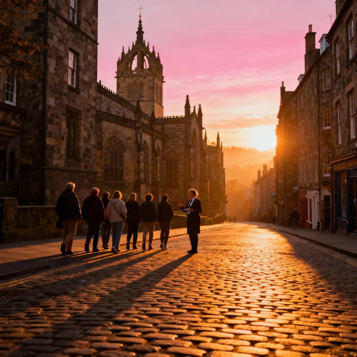 Edinburgh Royal Mile Walking Tour Tickets: Visitors on the Edinburgh Royal Mile Walking Tour passing St Giles’ Cathedral at sunset, with cobbled streets and medieval buildings.