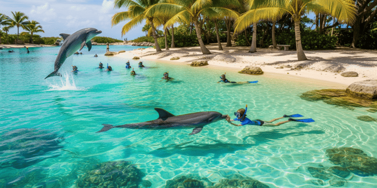 Family snorkelling at Discovery Cove Orlando with dolphins in a tropical lagoon.