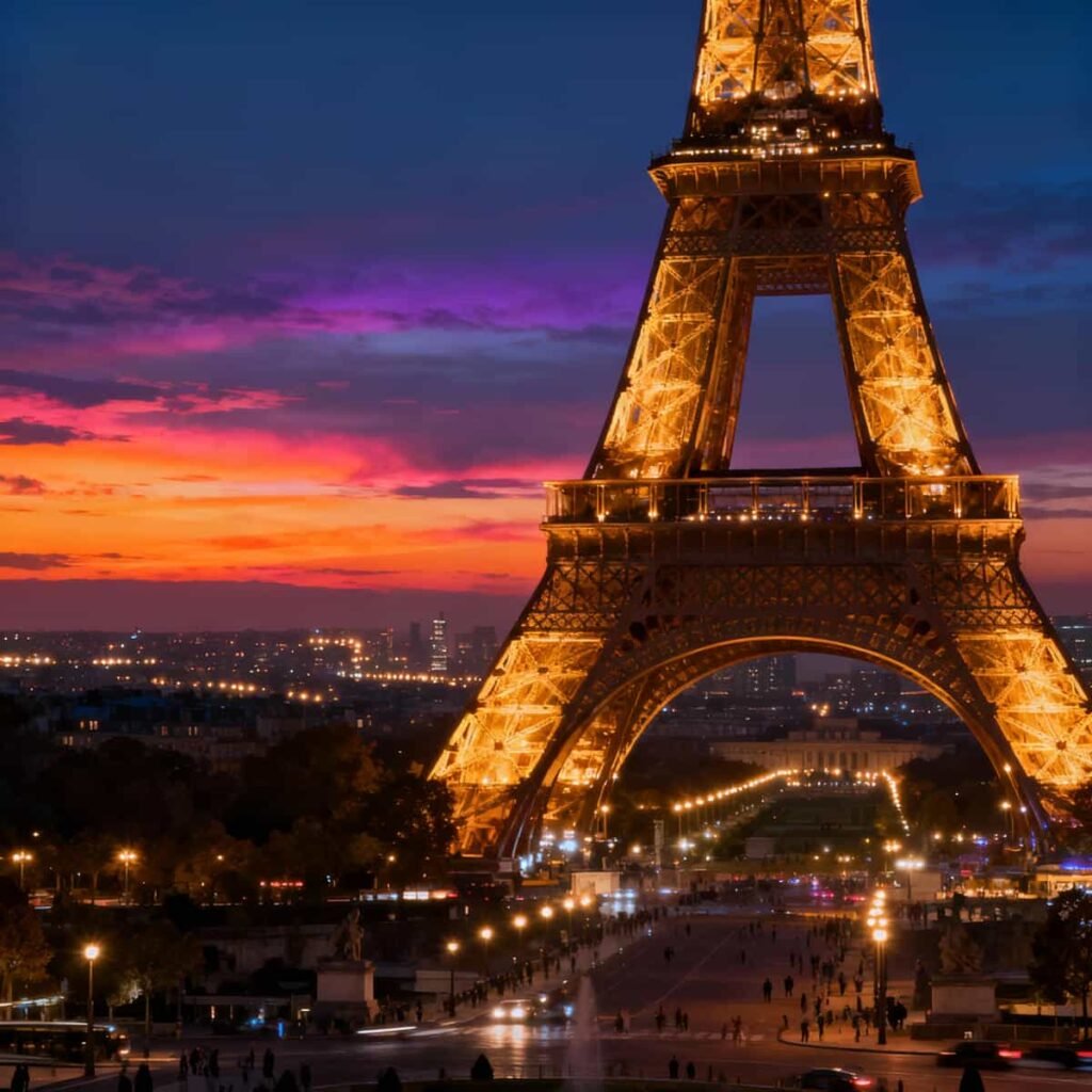 The Eiffel Tower illuminated at dusk with Paris skyline lights