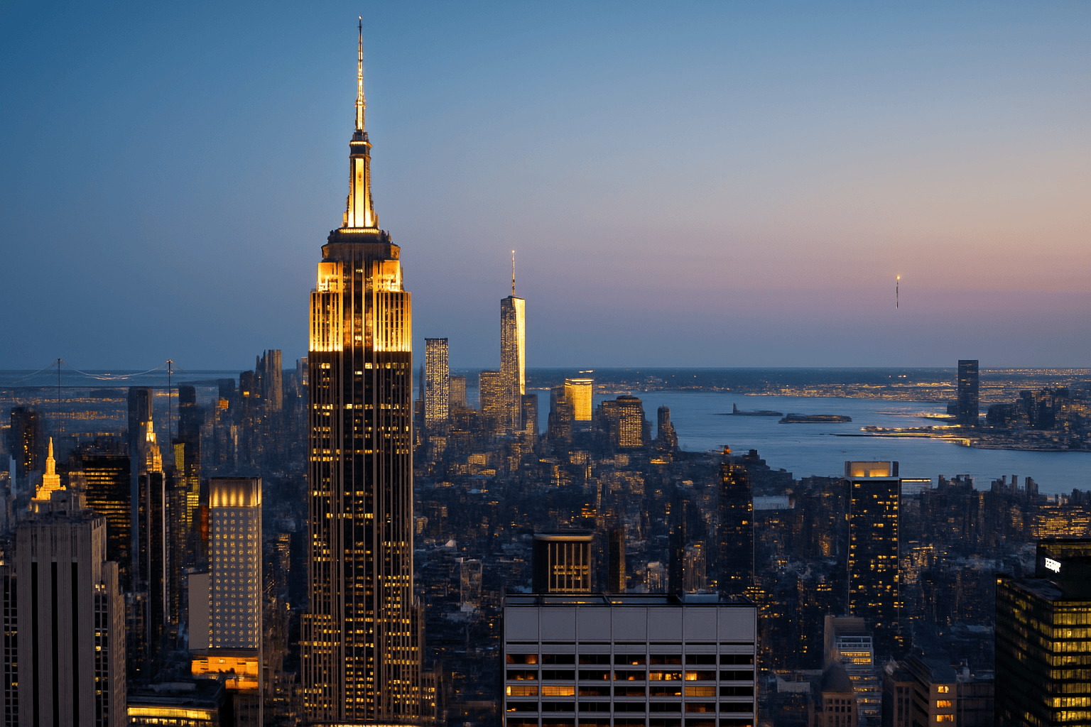 Empire State Building at sunset with New York City skyline views from the observatory deck.