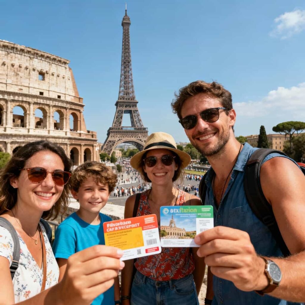 Tourists holding attraction passes near the Eiffel Tower with the Colosseum in the background, representing Europe attraction deals.