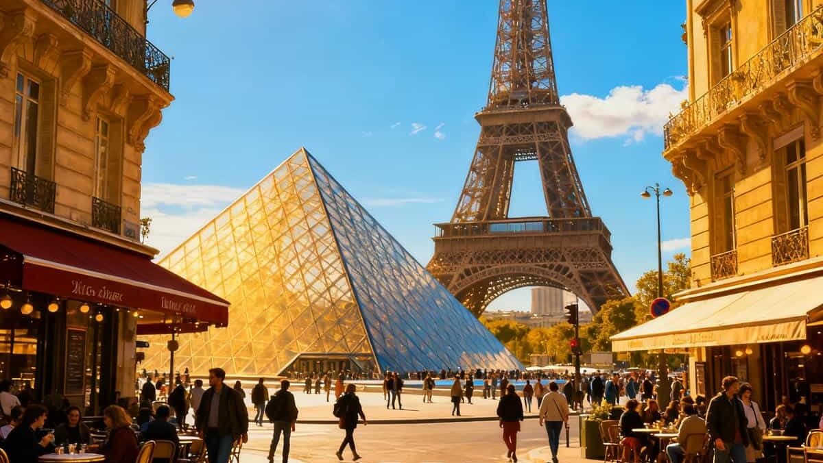 Europe City Passes: Eiffel Tower and Louvre Pyramid on a sunny day in Paris
