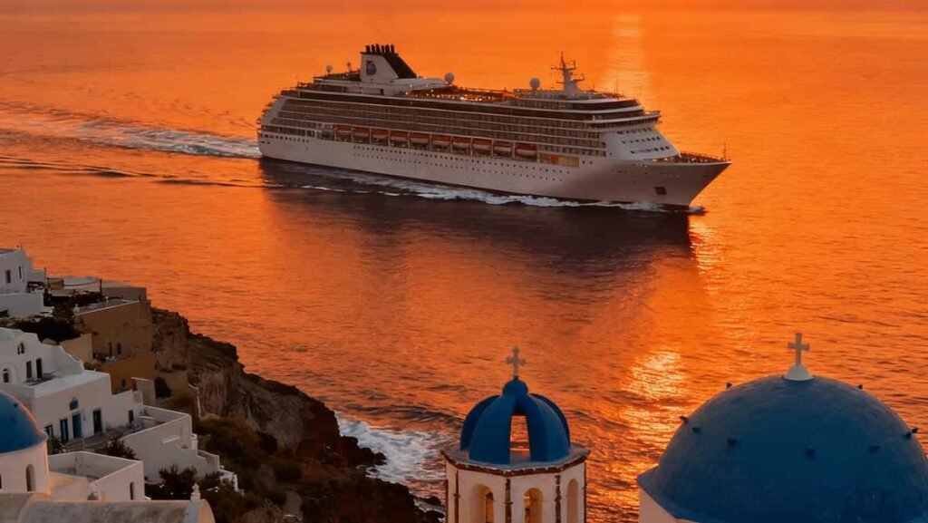 Cruise ship sailing past Santorini’s whitewashed buildings at sunset