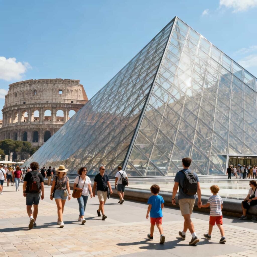 Tourists visiting the Louvre Museum in Paris with the glass pyramid, and the Colosseum in the background, representing Europe’s cultural attractions.