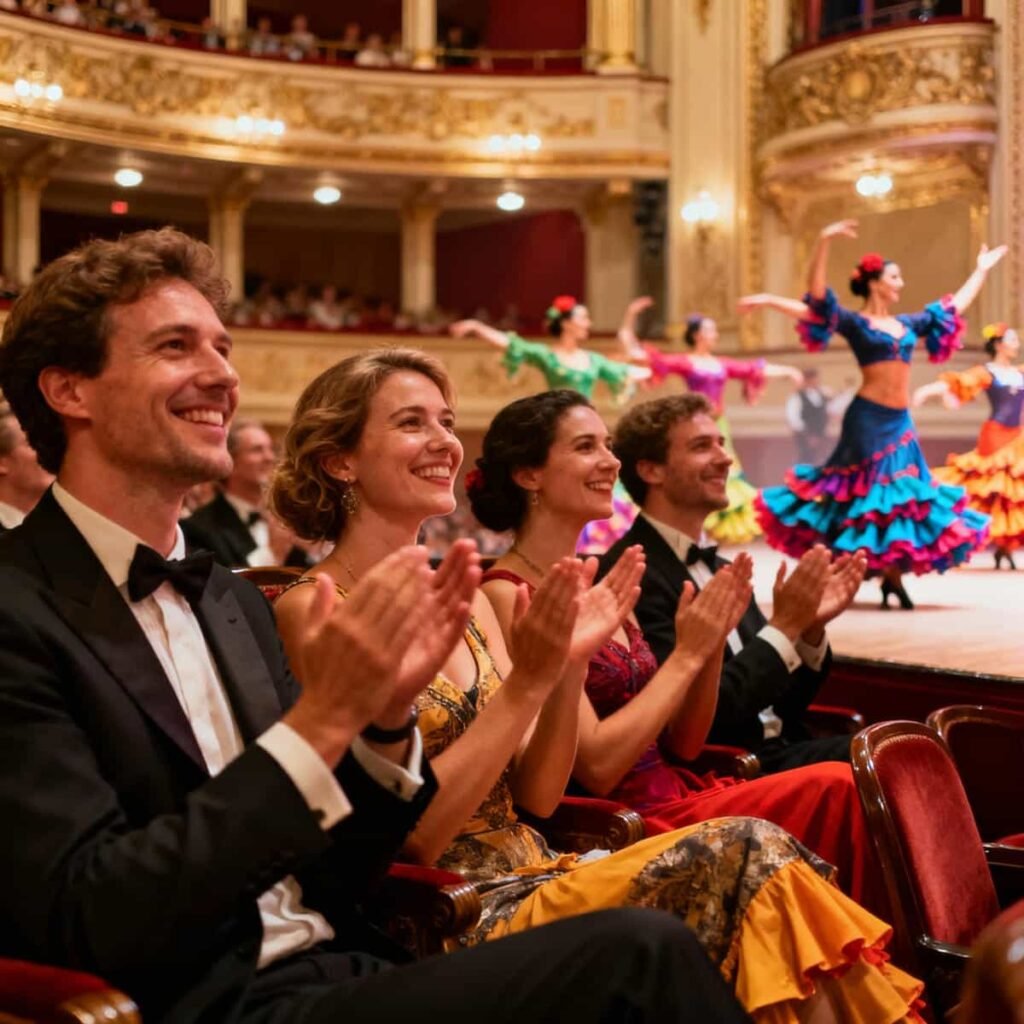 Tourists at Vienna Opera House with flamenco dancers in the background, representing Europe’s entertainment scene.