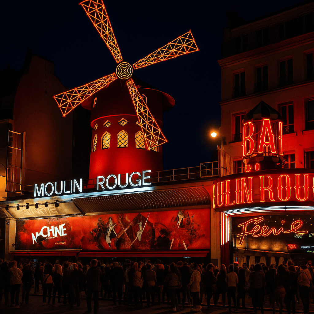 Moulin Rouge in Paris lit up at night with visitors outside