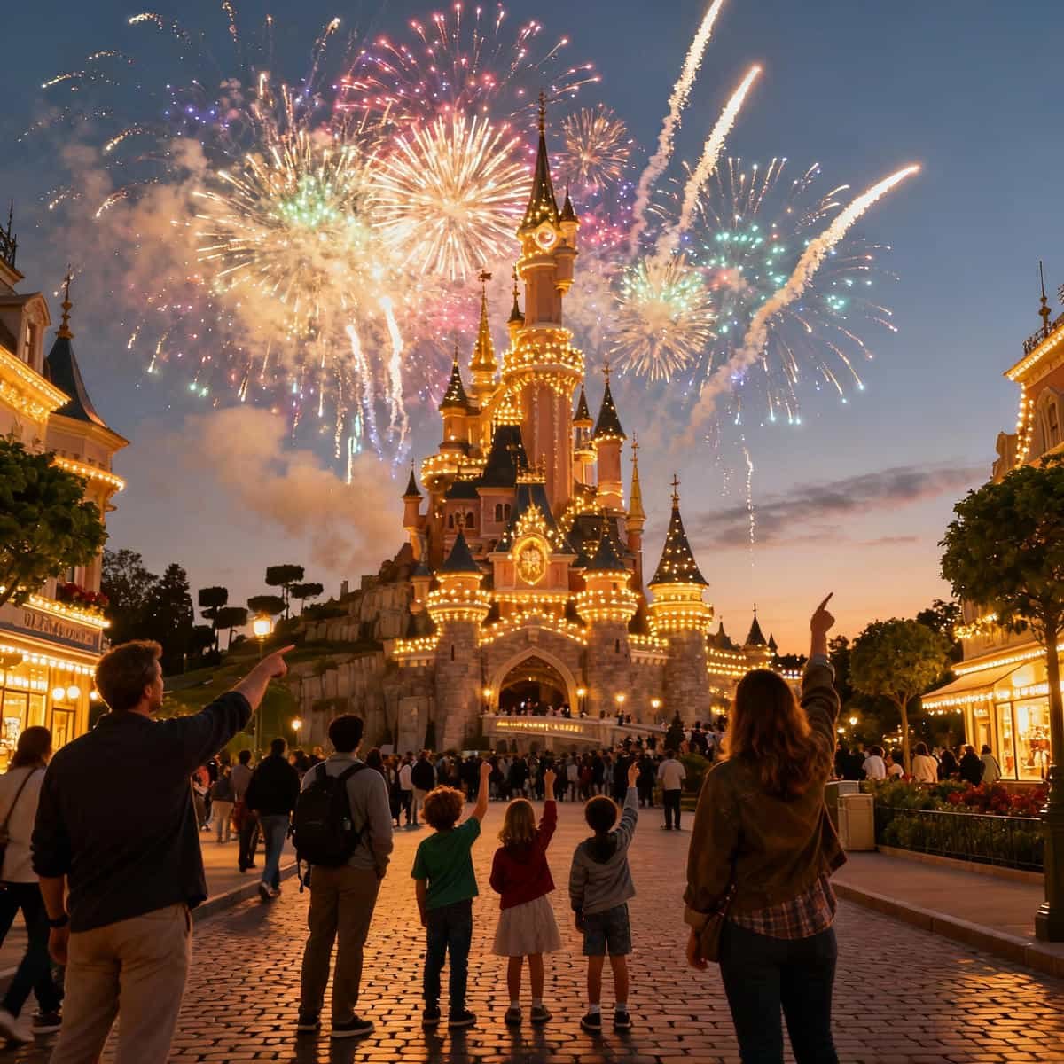 Disneyland Paris castle lit up at dusk with fireworks above