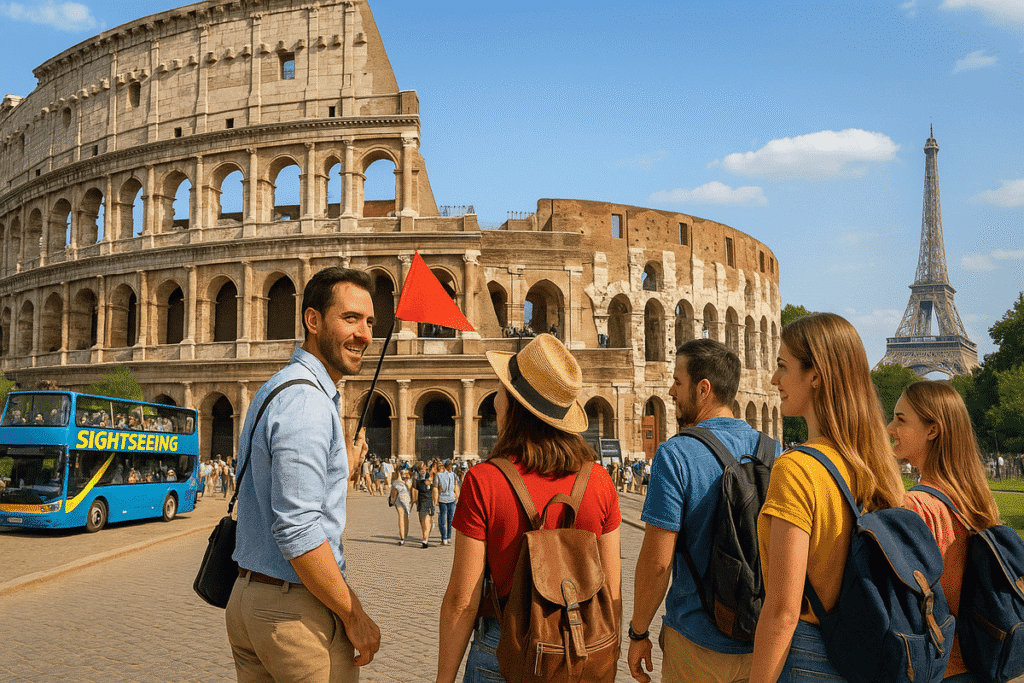 Tourists exploring the historic Colosseum in Rome during a guided tour, with the Eiffel Tower faintly visible in the distance.