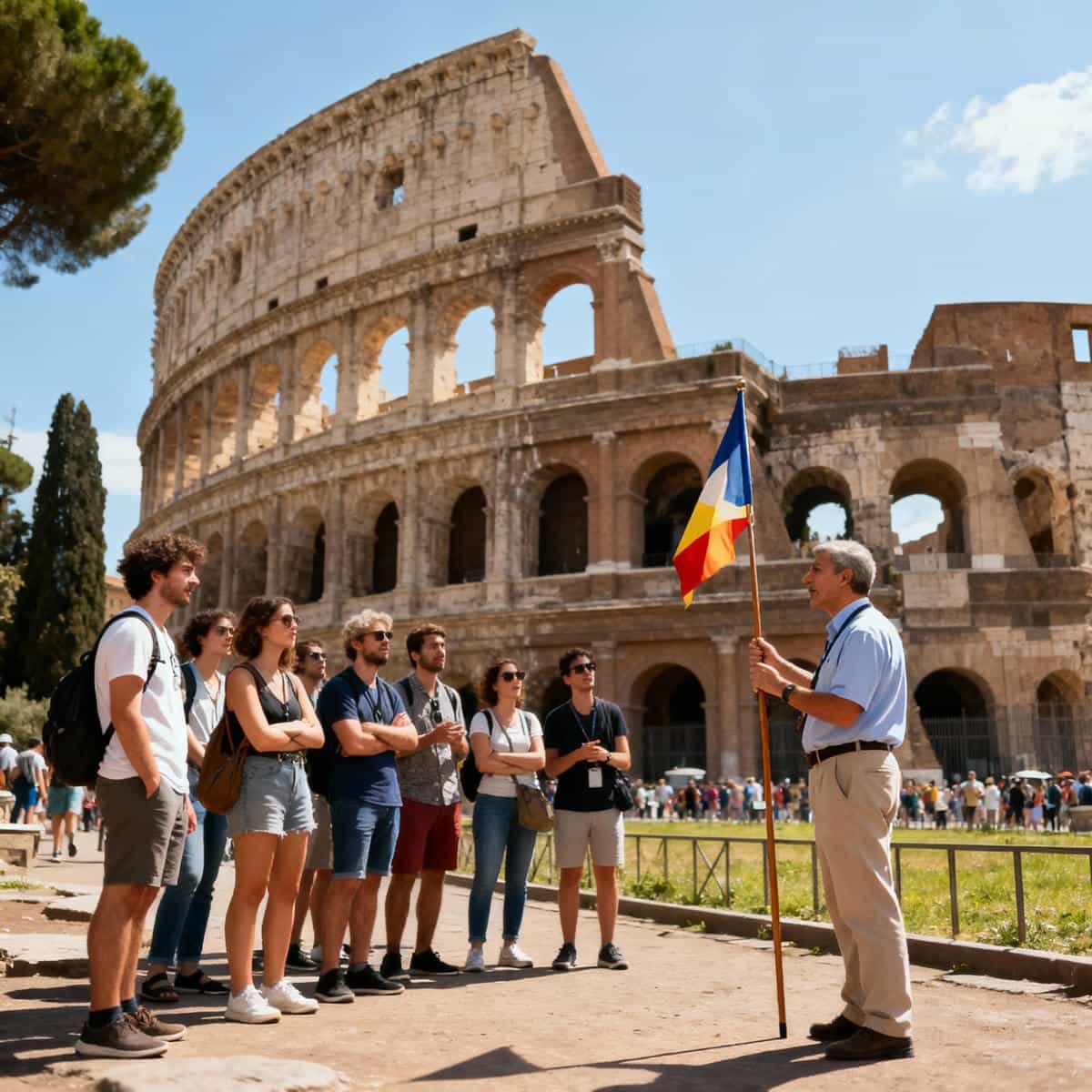 Small group on a guided walking tour near the Colosseum in Rome