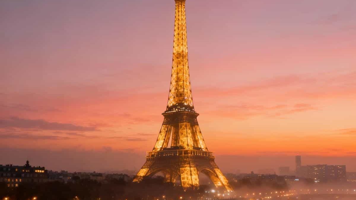 Eiffel Tower glowing at sunset with Paris city lights and the Seine River
