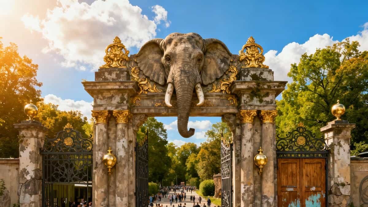 Visitors entering Berlin Zoo through the ornate elephant gate