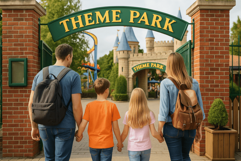 Family of four entering a UK theme park together on a sunny day, symbolising family attraction tickets.