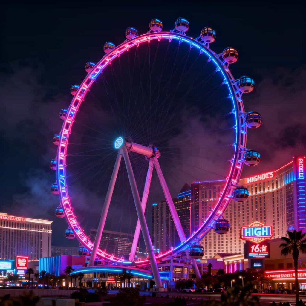 High Roller Ferris wheel lit up at night with Las Vegas skyline